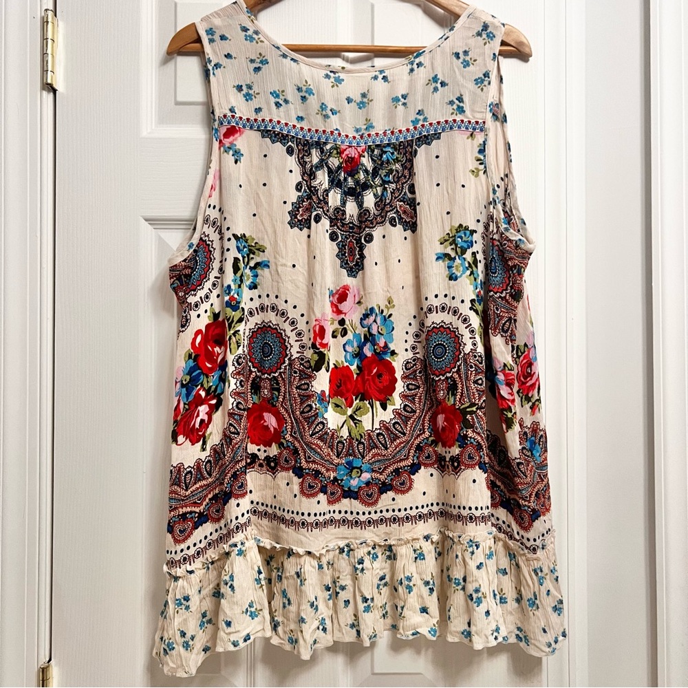 Woman’s Bila XXL Boho Peasant Flowy Mixed-media Sleeveless Top with Tassel Ties - Picture 5 of 11